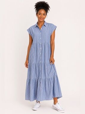 MAX STUDIO Striped Shirt Dress Blue White Button Front Tiered Women Medium NWT